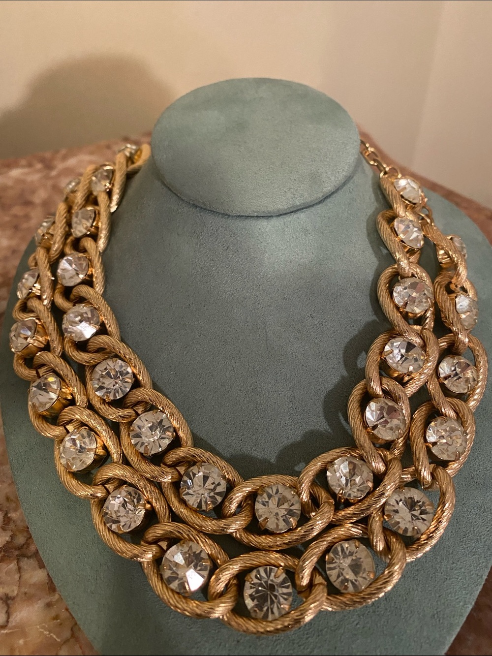 Vintage Stony Triple Strand Gold Tone Twisted Chain Rhinestone Necklace